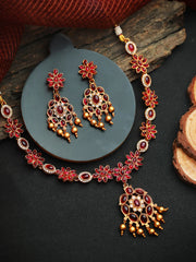 Floral Pink Studded Gold Plated Jewellery Set