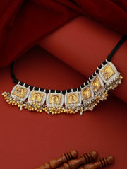 Textured Block Beaded Oxidised Silver Gold-Plated Choker Necklace