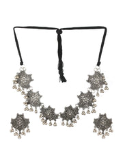 Oxidised Silver Boho Floral Ghunghroo Choker Jewellery Set