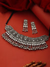 Studded Floral Bell Drop Oxidised Silver Choker Jewellery Set