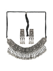 Studded Floral Bell Drop Oxidised Silver Choker Jewellery Set