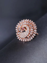 Bird Feathers-Rose Gold-Plated Peacock Inspired Adjustable Ring Studded with American Diamond