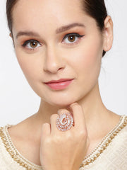 Bird Feathers-Rose Gold-Plated Peacock Inspired Adjustable Ring Studded with American Diamond