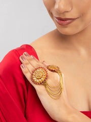 Magenta Stone Studded Gold Plated Dual Ring