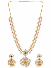 Gold-Plated Goddess Motif Kemp & Zirconia Crystal Studded Pearl Beaded Handcrafted Necklace Set