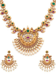 22K Gold-Plated Handcrafted Faux Ruby Temple Jewellery Set