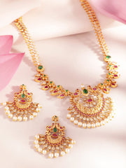 22K Gold-Plated Handcrafted Faux Ruby Temple Jewellery Set