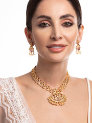 Gold Plated Kundan Necklace Set With Studded Pink Stones