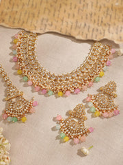 Gold plated Kundan studded multicolour beaded chandbali motif Statement Necklace Set