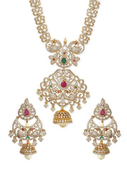 Gold-Plated Peacock Motif Kemp & Zirconia Crystal Studded Handcrafted Necklace Set