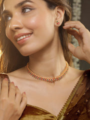 22K Gold Plated Traditional Temple Necklace Set with Ruby & Emerald Stone Studded Golden Beads