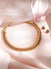 22K Gold Plated Traditional Temple Necklace Set with Ruby & Emerald Stone Studded Golden Beads