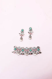 green salmon pink and white studded chokker and earings