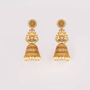 Elegant gold matt ruby green jhumkas