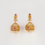 Matt gold ruby green pota stone jhumkas