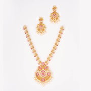 Red matte long dull gold finish floral necklace and jhumkas